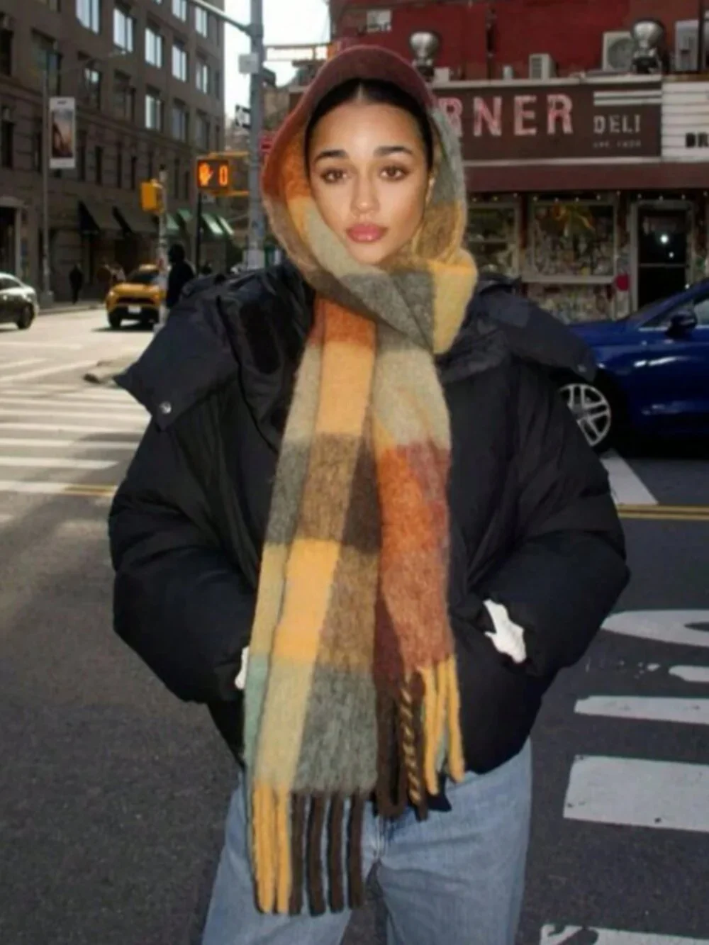 Multicolor Plaid warm cozy Women's tassel oblong Scarf